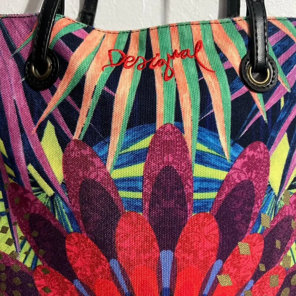 Desigual Bag Tote Colorful Embroidered Flower Canvas Boho Eclectic Vida Chula - Picture 6 of 7